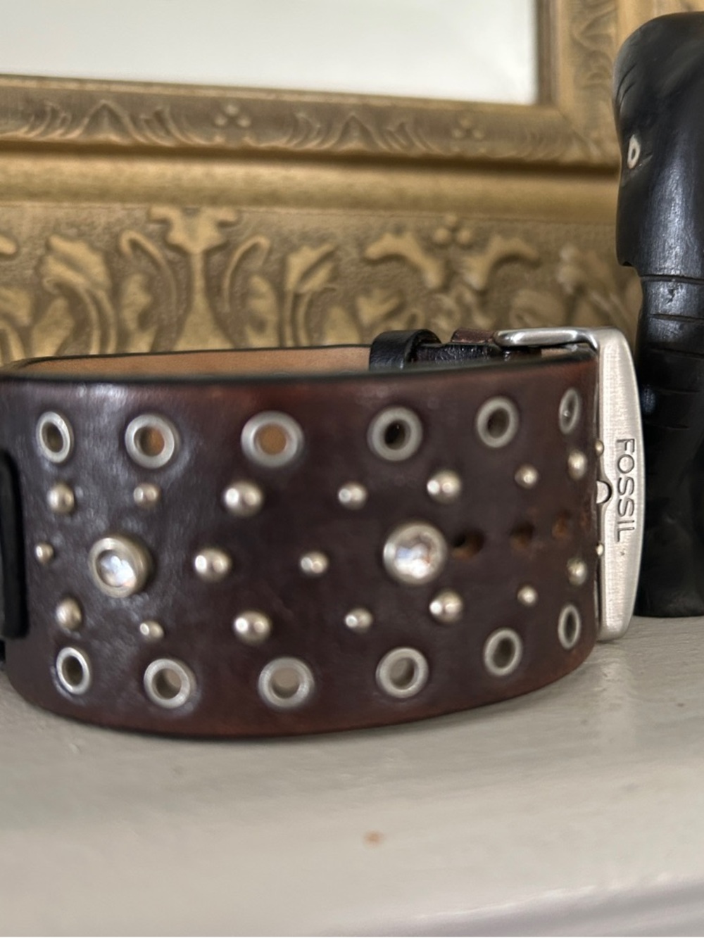 Fossil Dark Brown Studded Leather Watch Band with Silver Accents